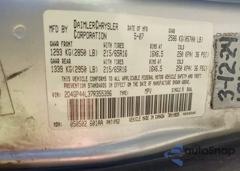 2007 Dodge Grand Caravan Sxt from USA, damaged, VIN 2D4GP44L37R355396